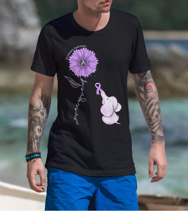 Never Giving Up All Cancers Awareness Sunflower Elephant T-Shirt