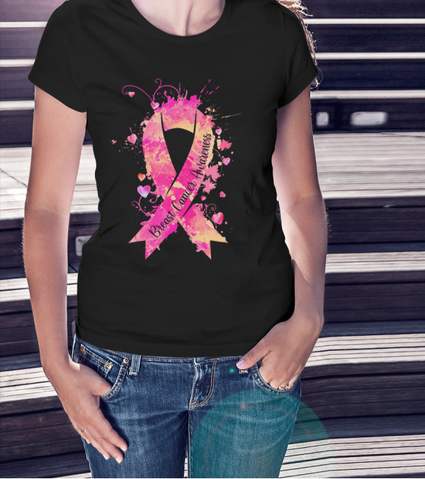 Breast Cancer Awareness Pink Ribbon Hearts And Splash T-Shirt