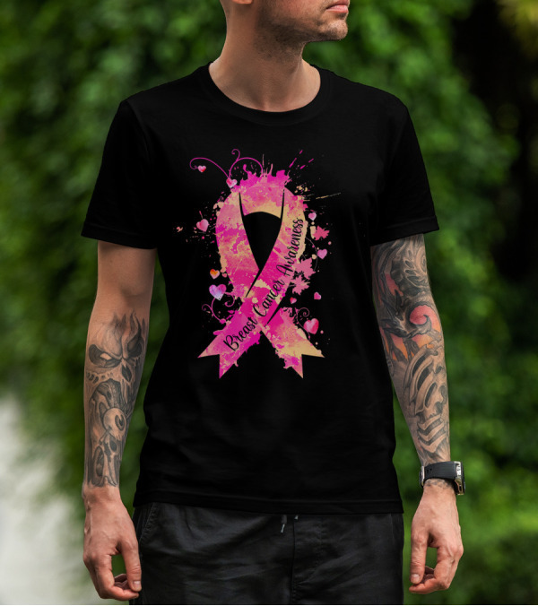 Breast Cancer Awareness Pink Ribbon Hearts And Splash T-Shirt