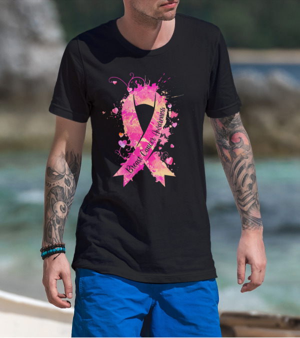 Breast Cancer Awareness Pink Ribbon Hearts And Splash T-Shirt