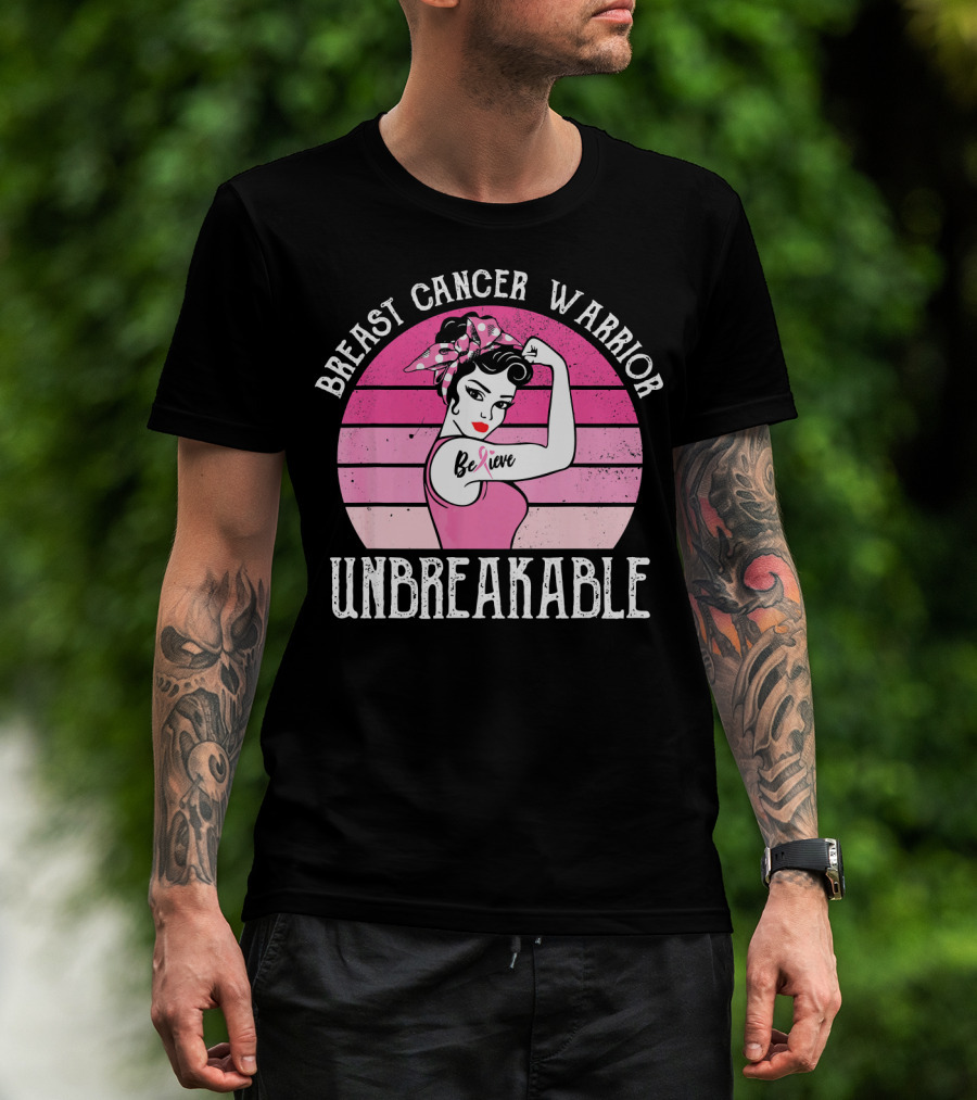 Breast Cancer Warrior Believe Unbreakable Retro Sunset T-Shirt