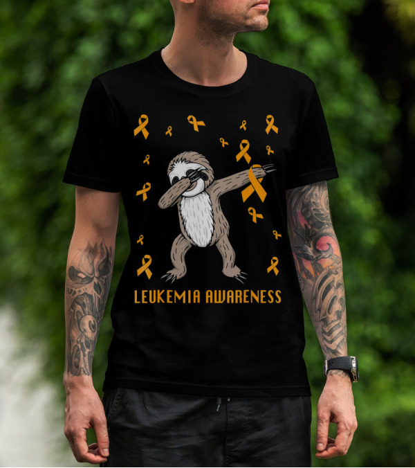 Leukemia Awareness Dabbing Sloth With Orange Ribbons T-Shirt