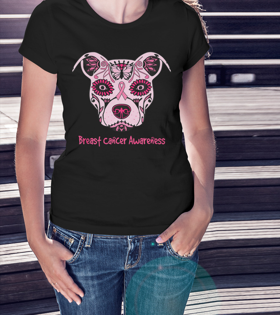 Sugar Pitbull Dog Breast Cancer Awareness Pink Ribbon T-Shirt