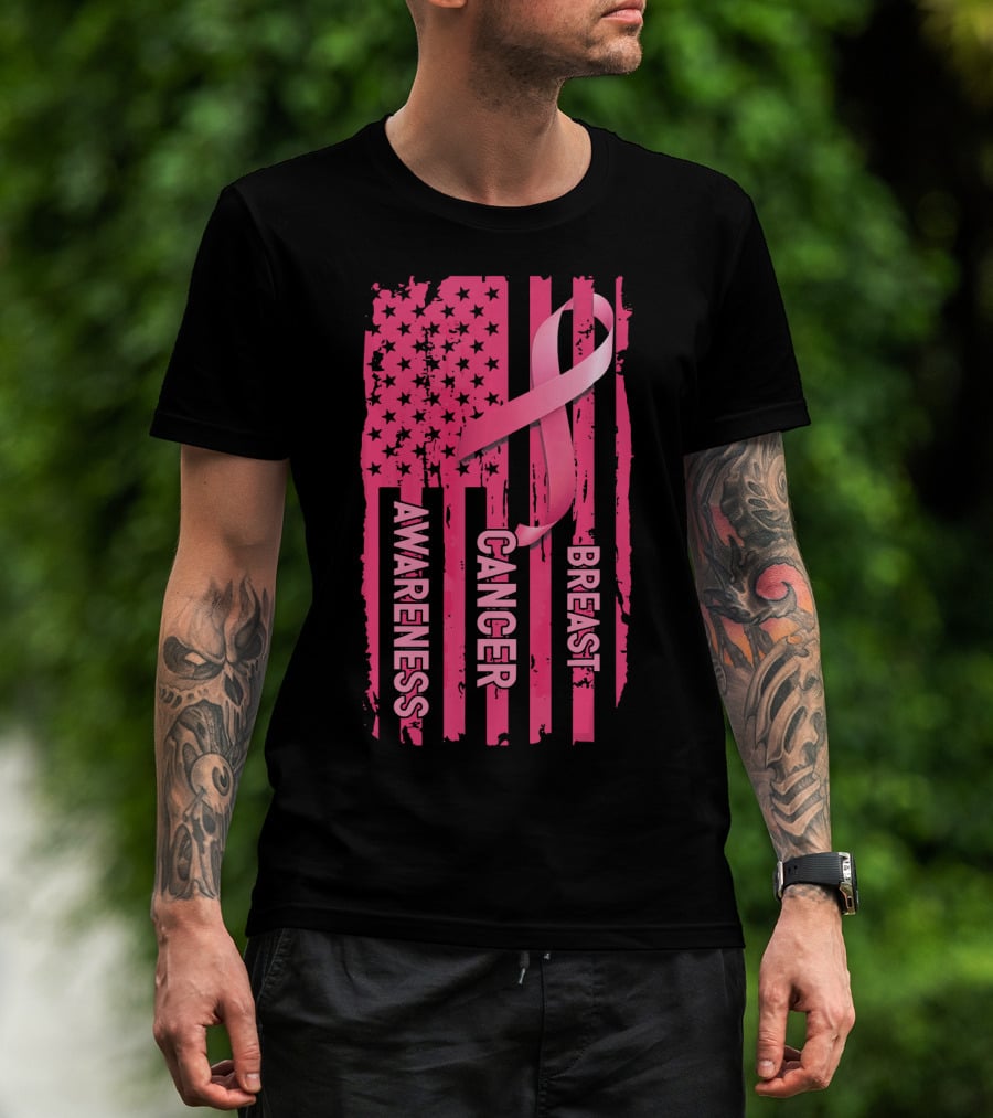 American Flag Pink Ribbon Breast Cancer Awareness T-Shirt
