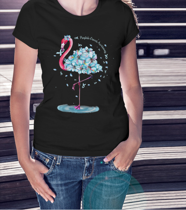 Prostate Cancer Awareness Light Blue Ribbon Flamingo Floral T-Shirt