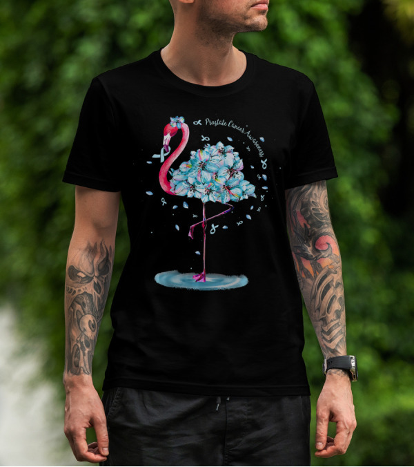 Prostate Cancer Awareness Light Blue Ribbon Flamingo Floral T-Shirt