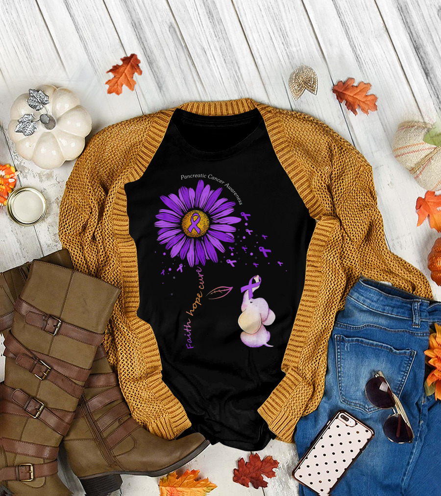 Faith Hope Cure Purple Daisy Flower Pancreatic Cancer Awareness T-Shirt