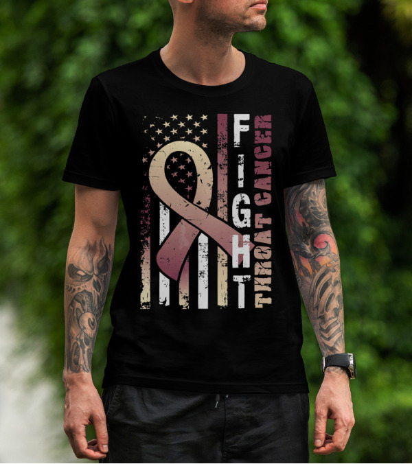 Fight Throat Cancer Awareness Ribbon American Flag T-Shirt