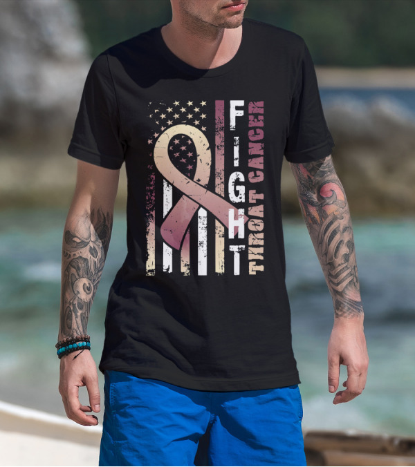 Fight Throat Cancer Awareness Ribbon American Flag T-Shirt