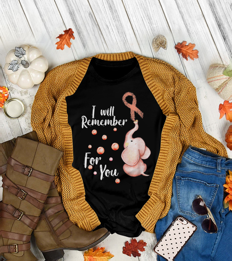 I Will Remember For You Elephant with Pink Ribbon and Bubbles T-Shirt