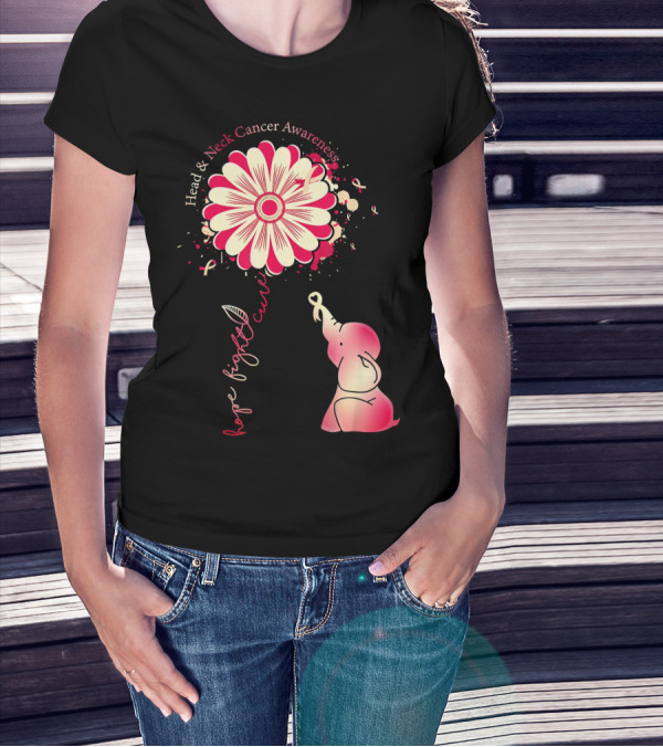 Head And Neck Cancer Awareness White And Burgundy Ribbon Hope Fight Cure Elephant Flower T-Shirt