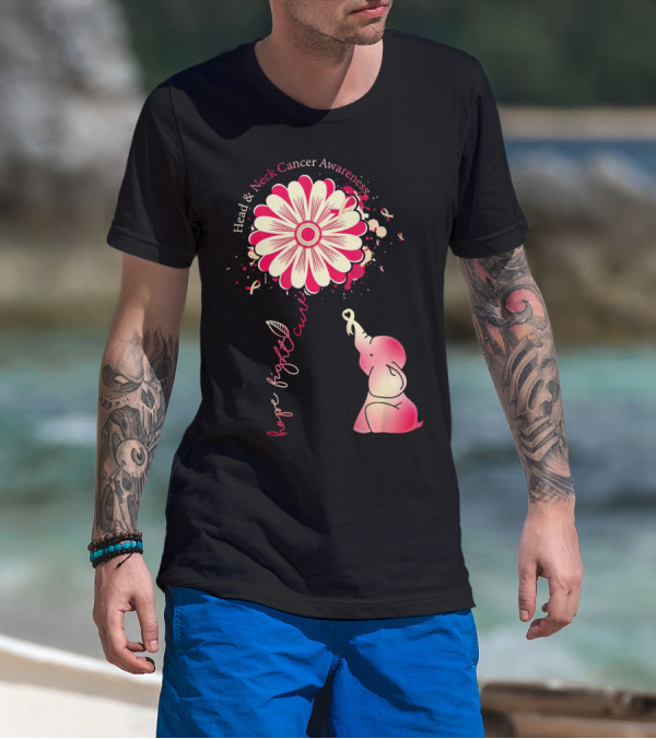 Head And Neck Cancer Awareness White And Burgundy Ribbon Hope Fight Cure Elephant Flower T-Shirt