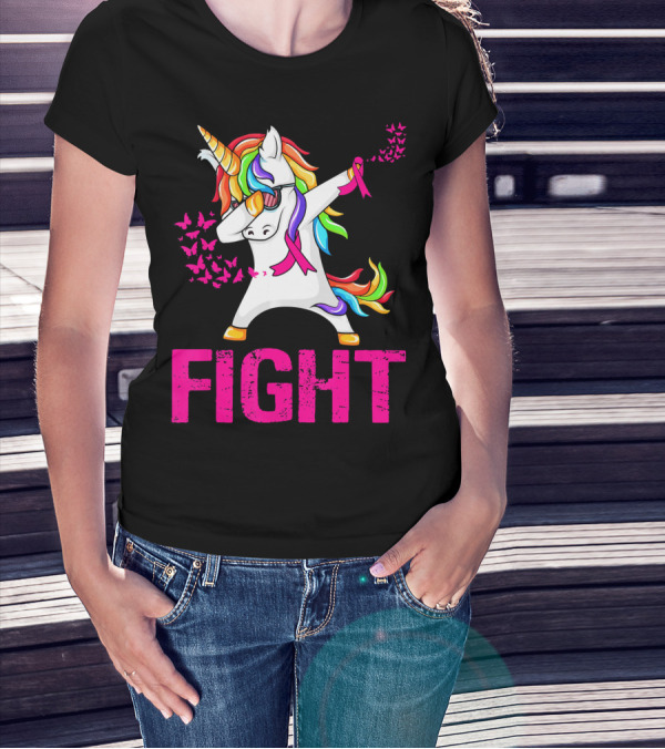 Fight Breast Cancer Awareness Unicorn Dabbing With Rainbow Mane And Butterflies T-Shirt