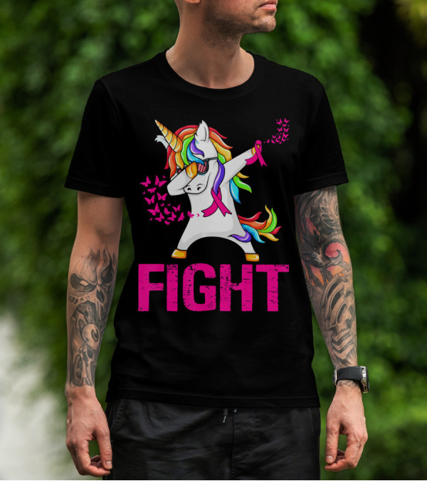 Fight Breast Cancer Awareness Unicorn Dabbing With Rainbow Mane And Butterflies T-Shirt