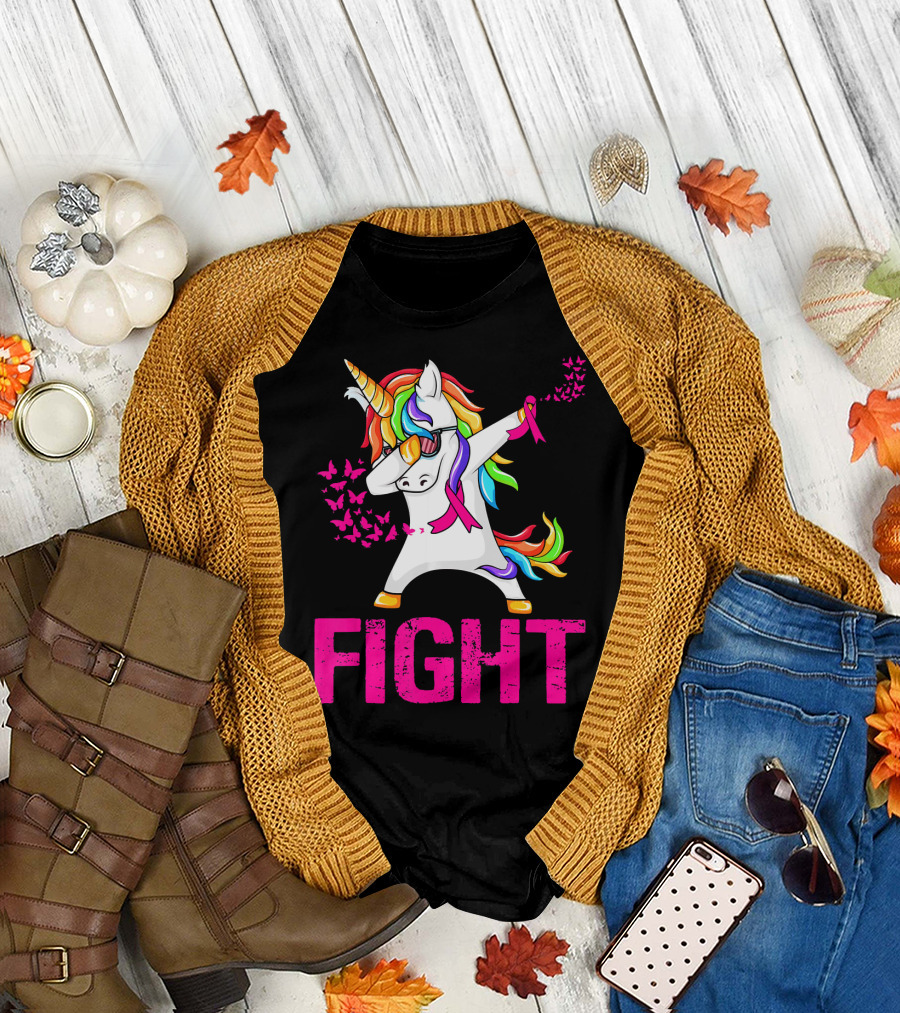 Fight Breast Cancer Awareness Unicorn Dabbing with Rainbow Mane and Butterflies T-Shirt