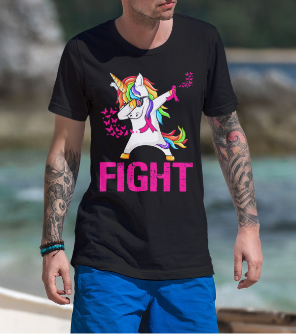 Fight Breast Cancer Awareness Unicorn Dabbing With Rainbow Mane And Butterflies T-Shirt