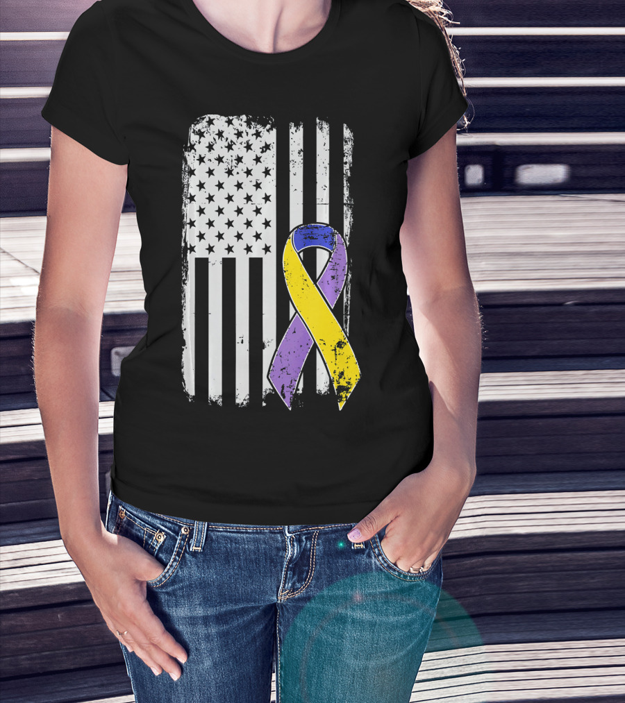 Bladder Cancer Awareness Distressed American Flag Purple Gold T-Shirt