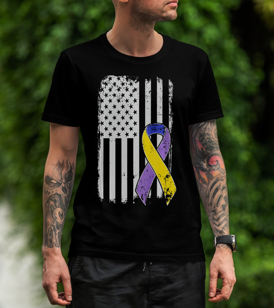 Bladder Cancer Awareness Distressed American Flag Purple Gold T-Shirt