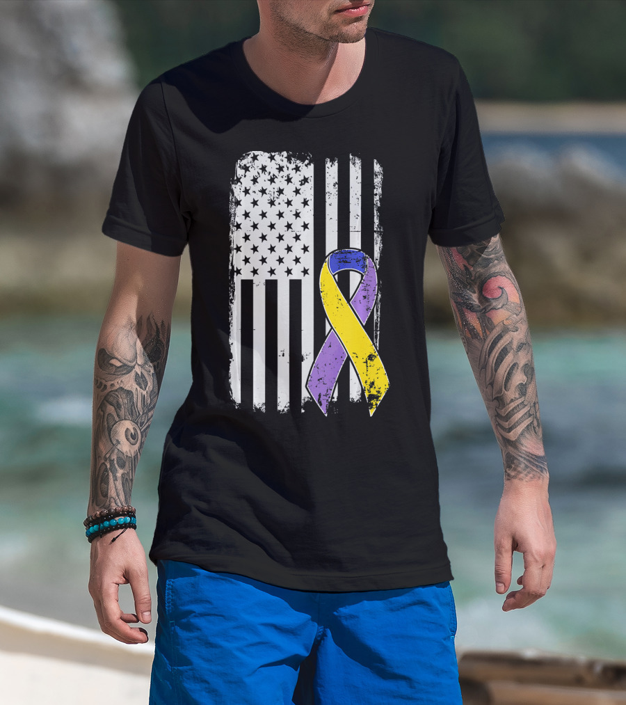 Bladder Cancer Awareness Distressed American Flag Purple Gold T-Shirt