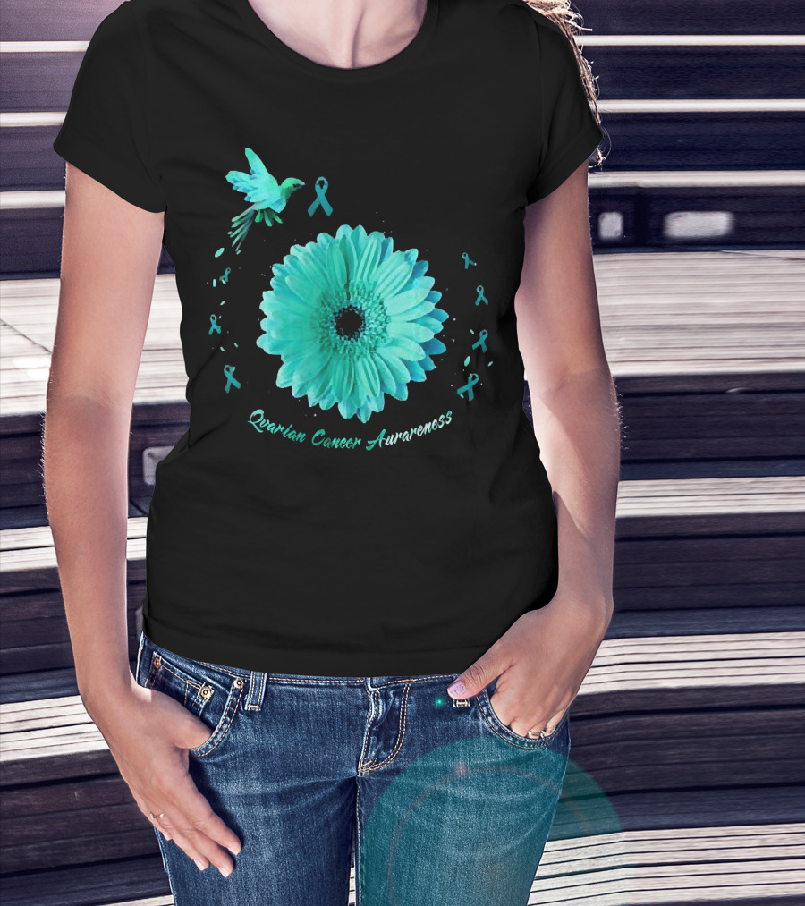 Teal Daisy Bird Ribbon Ovarian Cancer Awareness T-Shirt