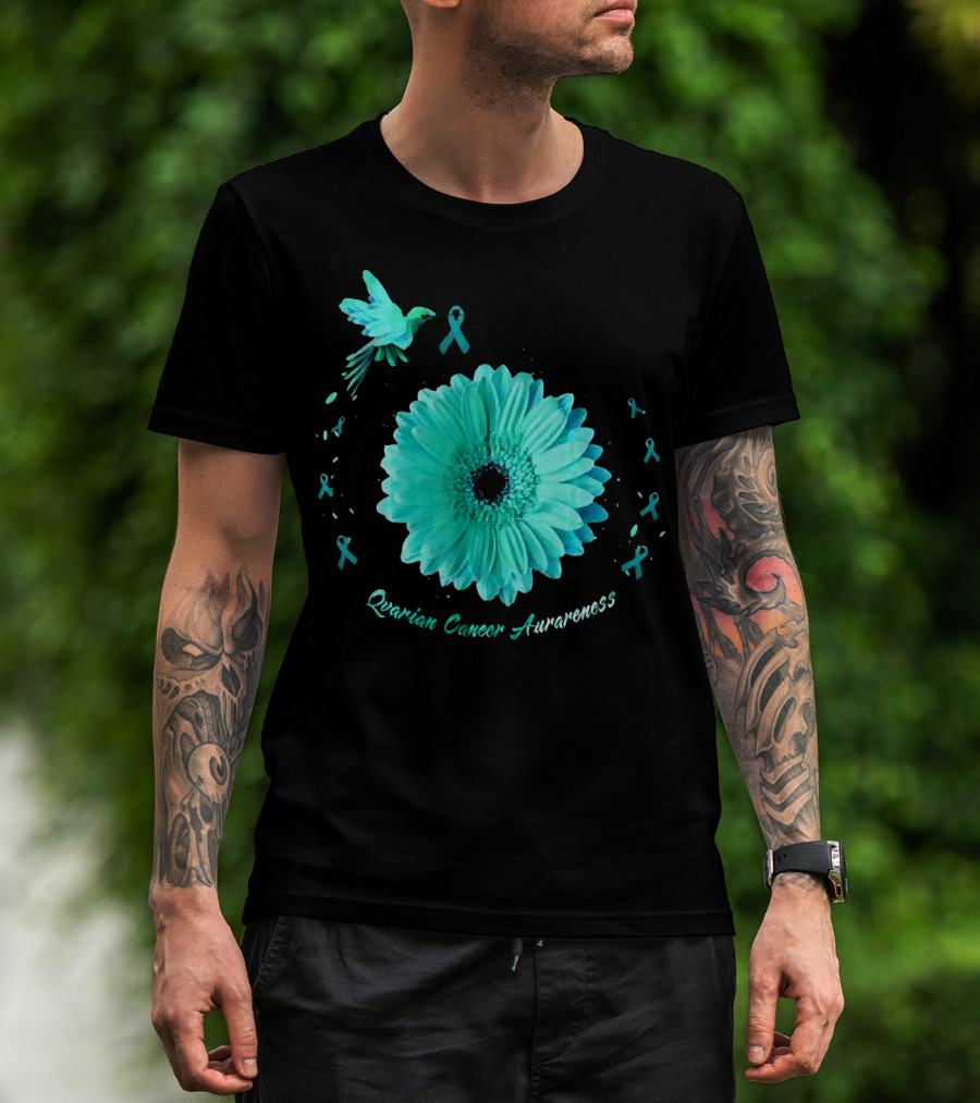 Teal Daisy Bird Ribbon Ovarian Cancer Awareness T-Shirt