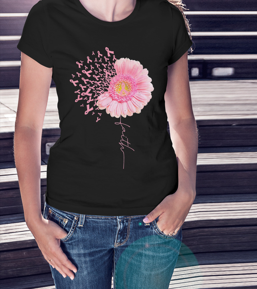 Faith Pink Ribbon Daisy Flower Breast Cancer Awareness T-Shirt