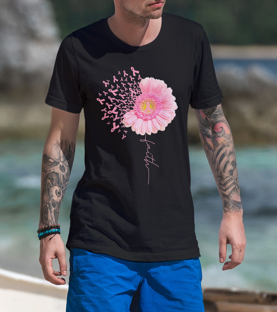 Faith Pink Ribbon Daisy Flower Breast Cancer Awareness T-Shirt