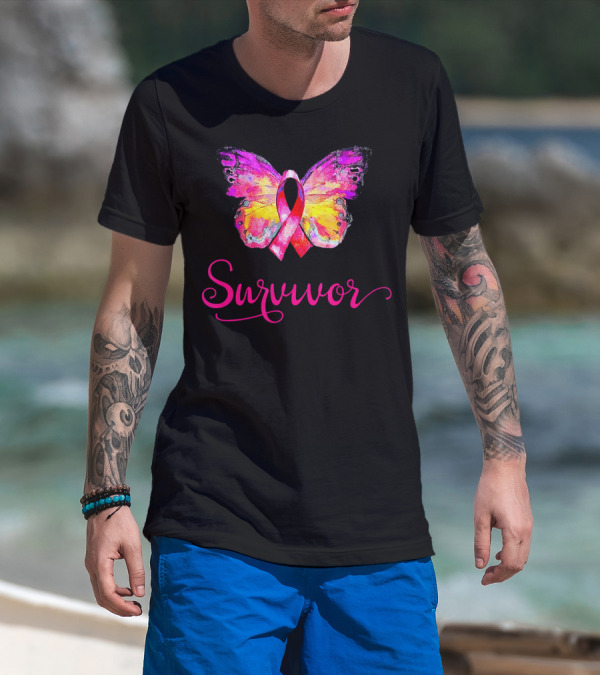 Survivor Butterfly Pink Ribbon Breast Cancer Awareness T-Shirt