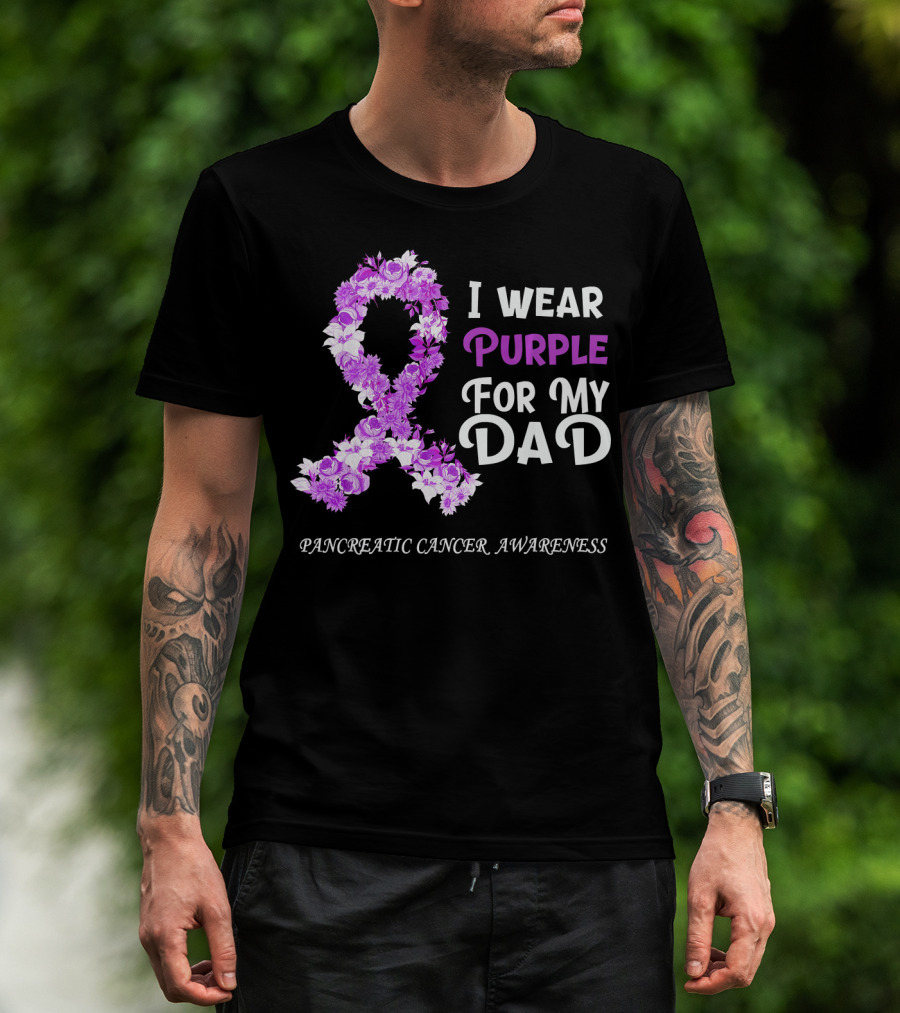 I Wear Purple For My Dad Pancreatic Cancer Awareness Flower T-Shirt