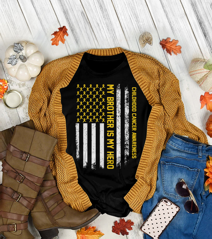My Brother is My Hero Childhood Cancer Awareness Ribbon Flag T-Shirt
