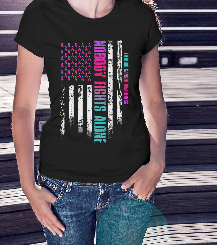 Nobody Fights Alone USA Flag Thyroid Cancer Awareness T-Shirt