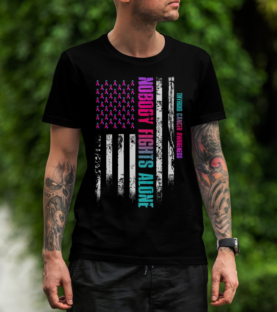 Nobody Fights Alone USA Flag Thyroid Cancer Awareness T-Shirt