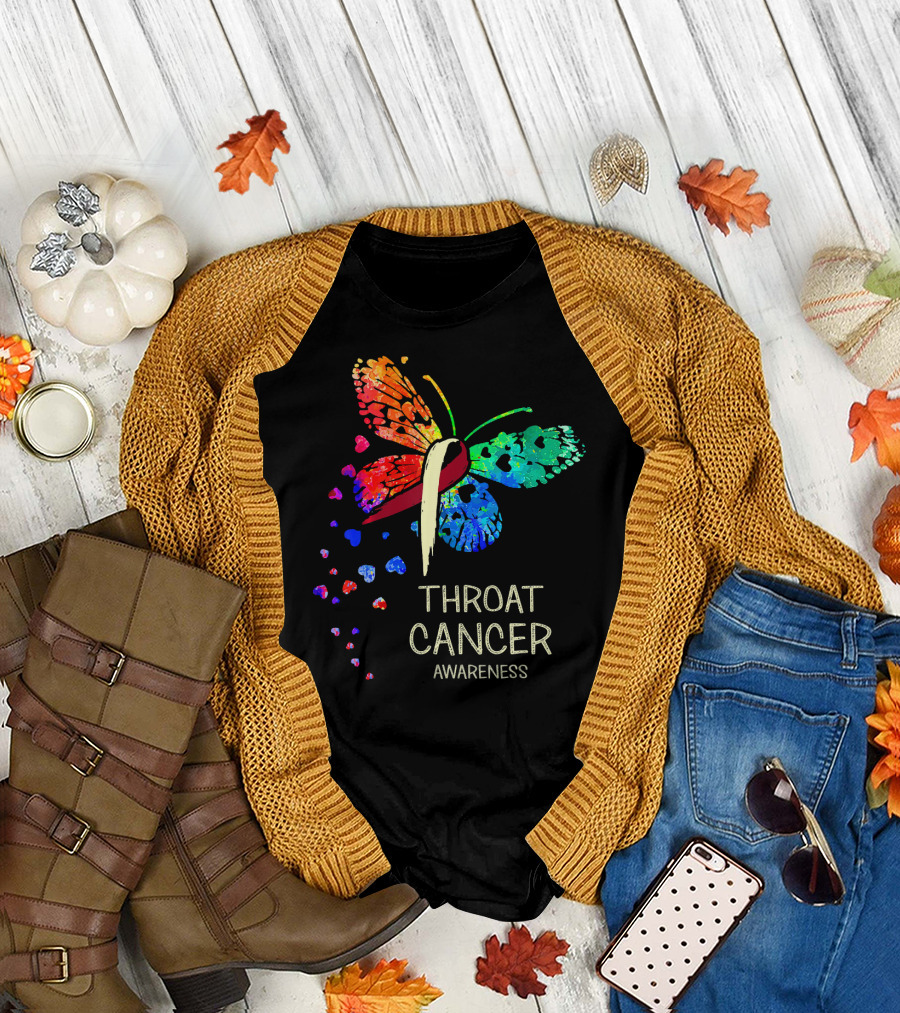Throat Cancer Awareness Ribbon Butterfly Colorful T-Shirt