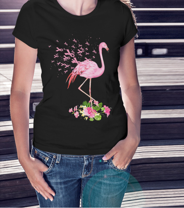 Flamingo With Pink Breast Cancer Ribbons And Floral Accents T-Shirt