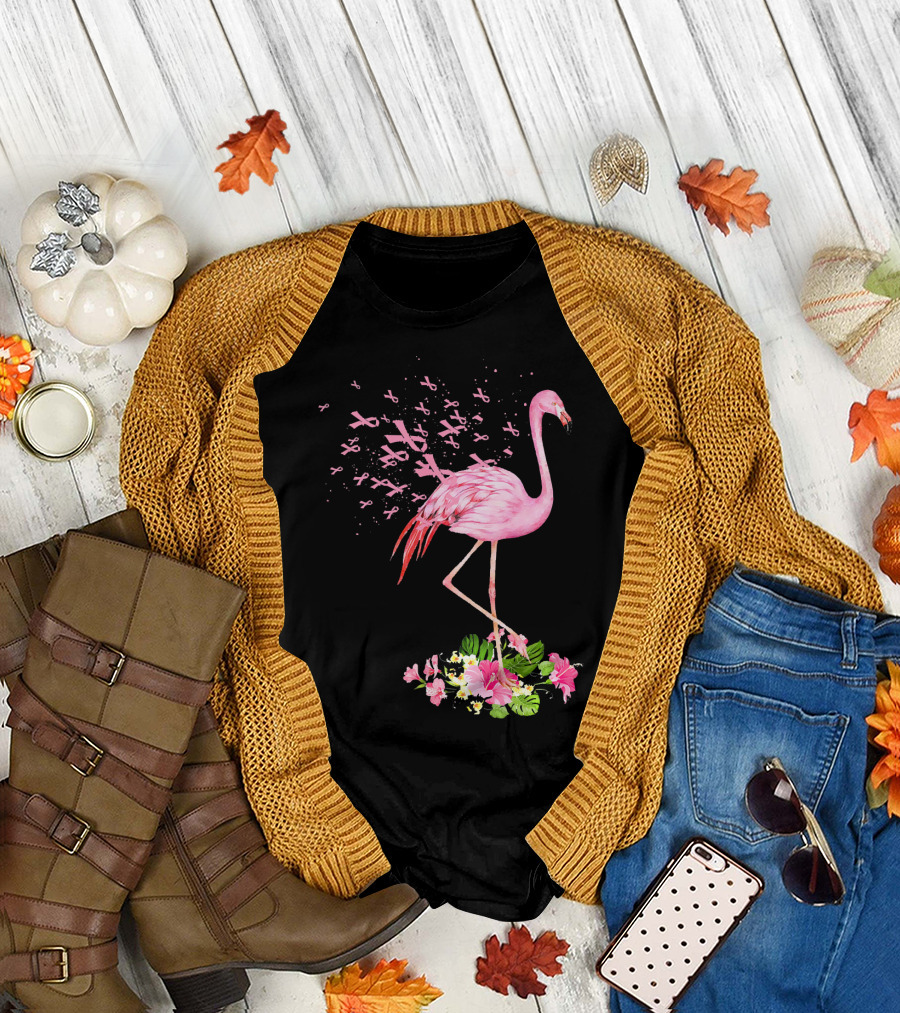 Flamingo with Pink Breast Cancer Ribbons and Floral Accents T-Shirt