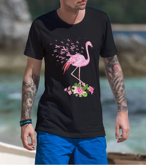 Flamingo With Pink Breast Cancer Ribbons And Floral Accents T-Shirt