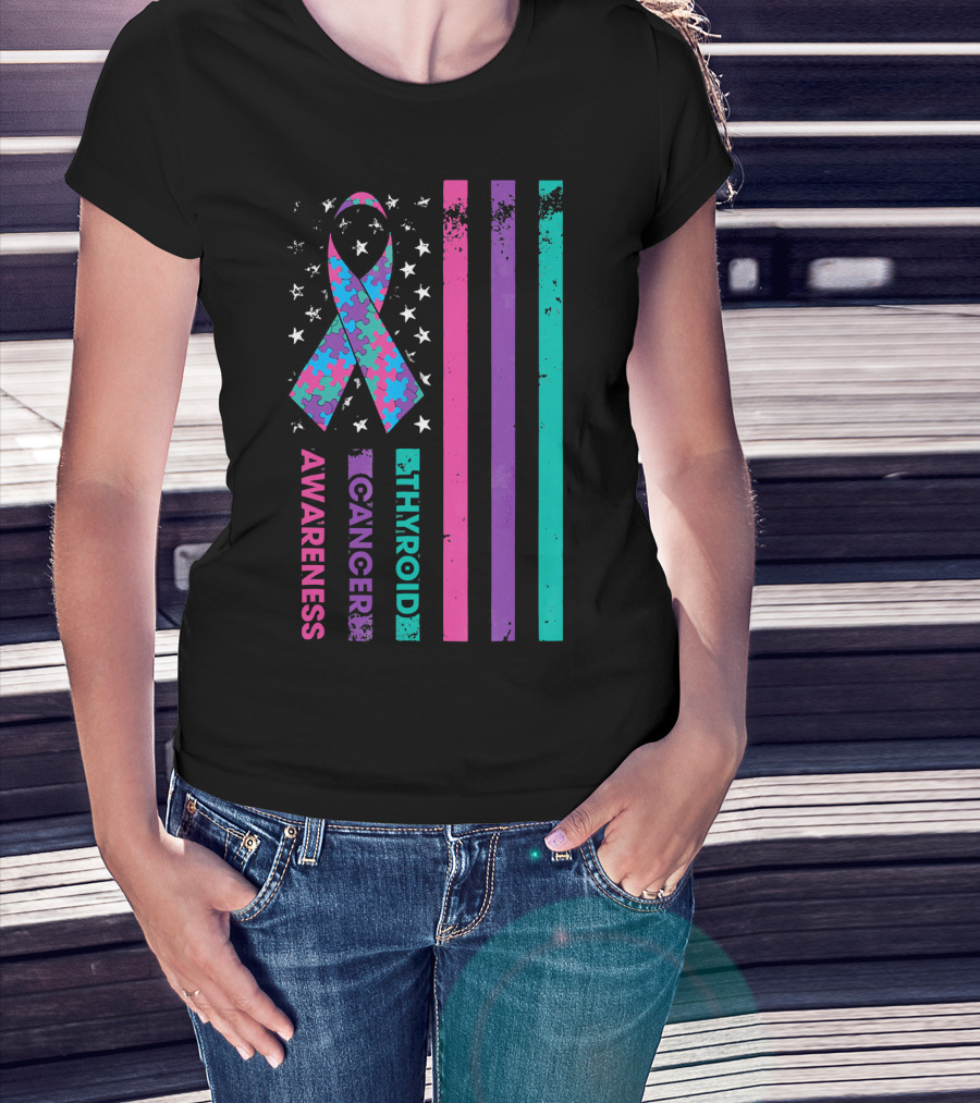 Thyroid Cancer Awareness Puzzle Ribbon Flag Stars Stripes T-Shirt