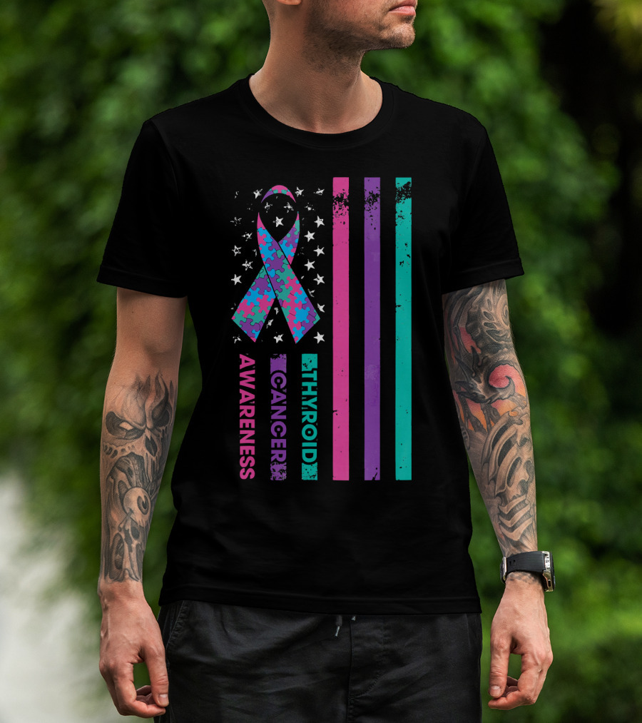 Thyroid Cancer Awareness Puzzle Ribbon Flag Stars Stripes T-Shirt