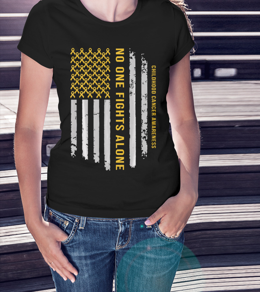 No One Fights Alone Childhood Cancer Awareness American Flag T-Shirt