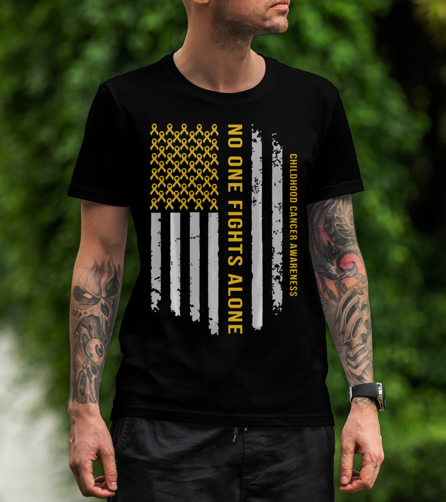 No One Fights Alone Childhood Cancer Awareness American Flag T-Shirt