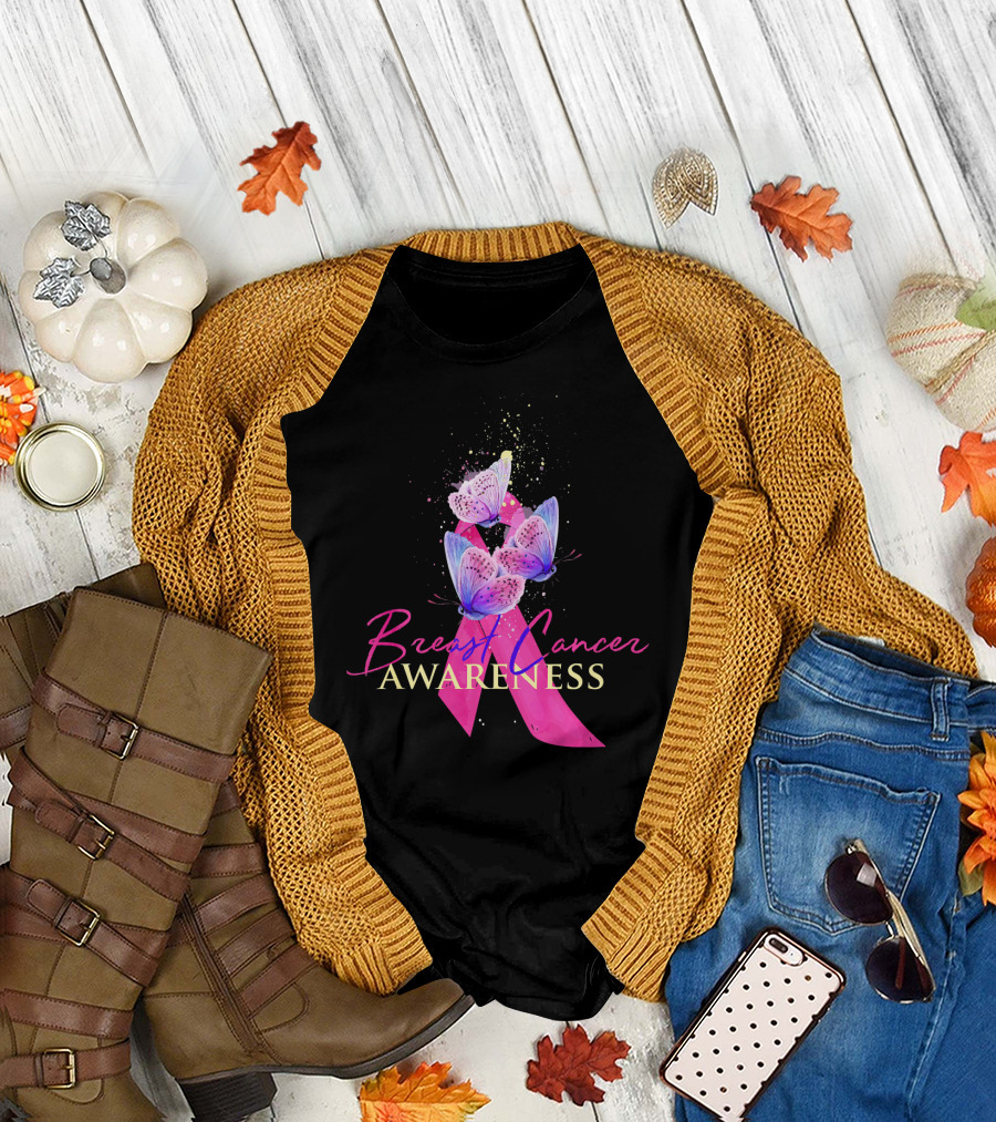 Breast Cancer Awareness Pink Ribbon Butterfly T-Shirt