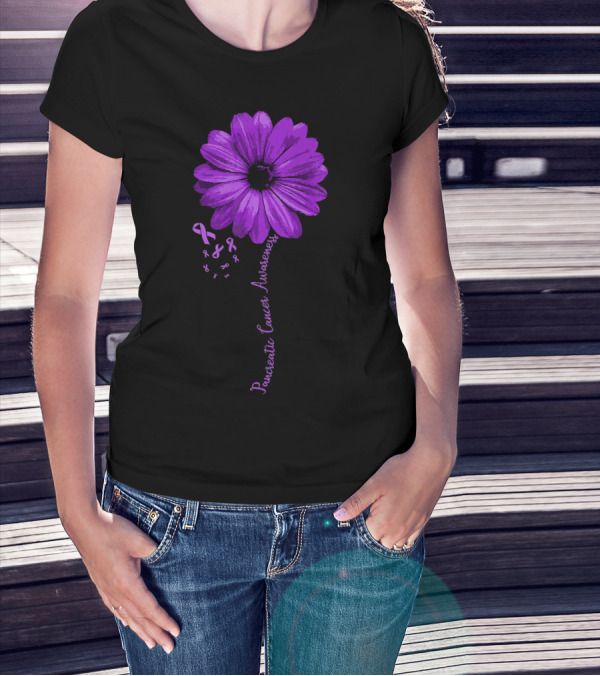 Pancreatic Cancer Awareness Purple Ribbon Purple Flower T-Shirt