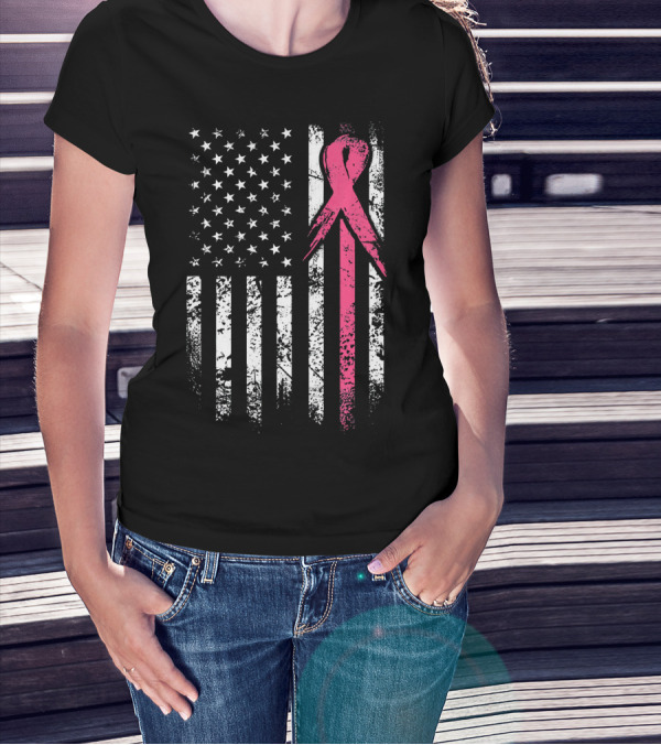 Breast Cancer Awareness American Flag Grunge T-Shirt
