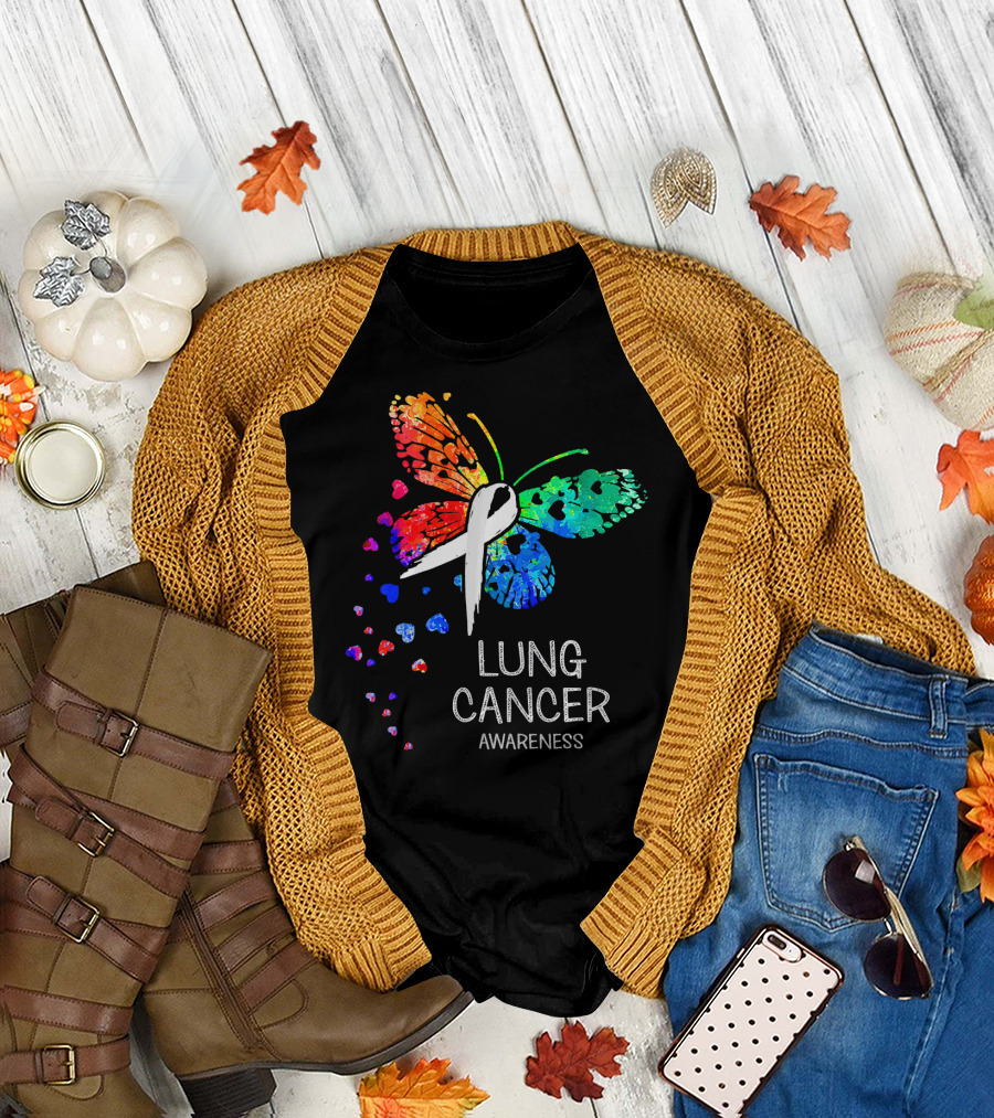 Lung Cancer Awareness Rainbow Butterfly T-Shirt