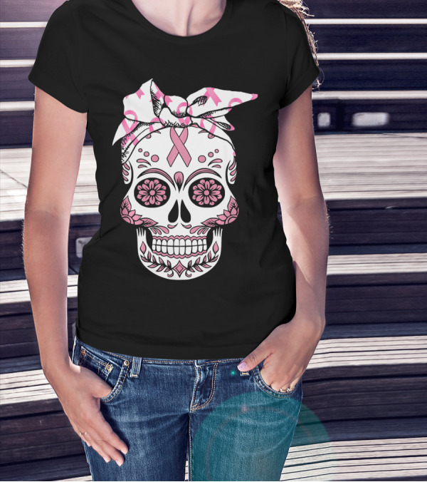 Day Of The Dead Skull With Pink Ribbon For Breast Cancer Awareness T-Shirt