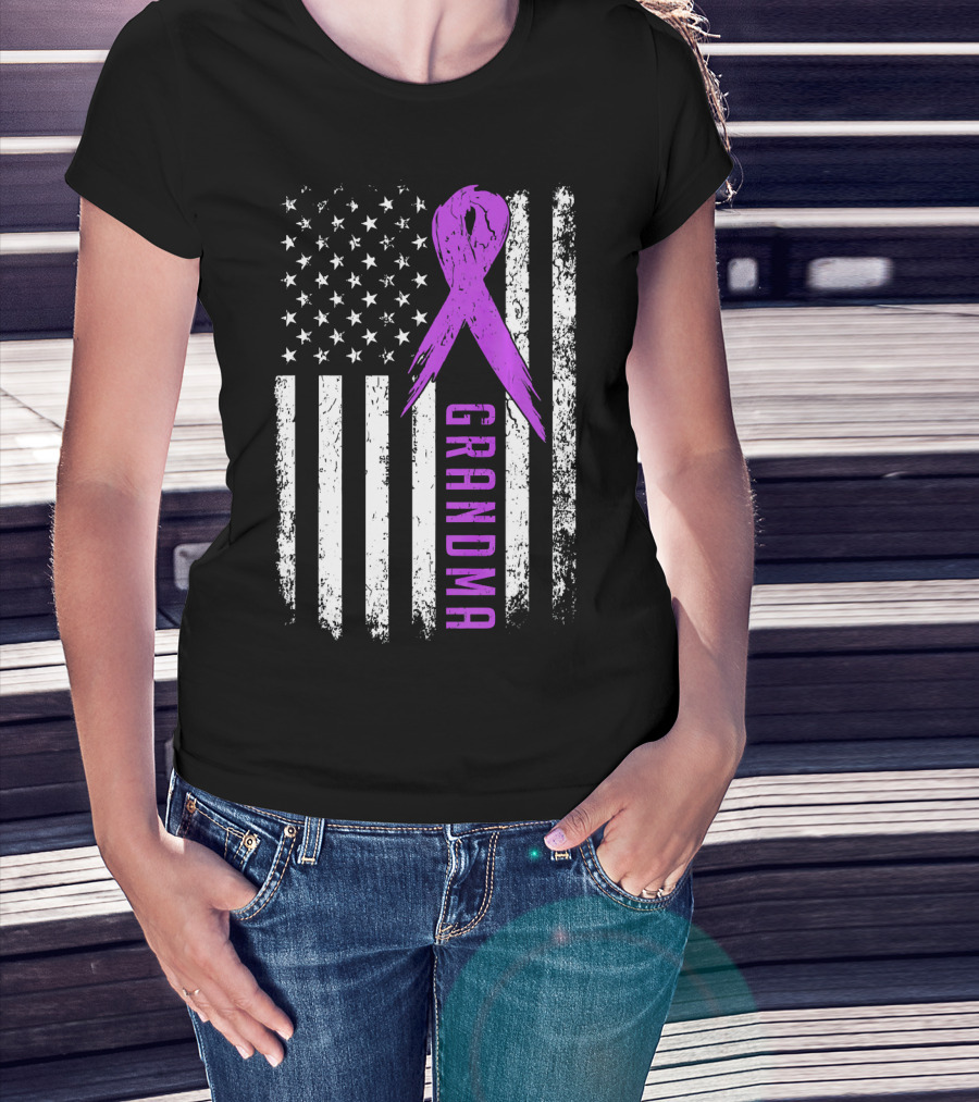 Grandma American Flag Purple Ribbon Pancreatic Cancer Awareness T-Shirt