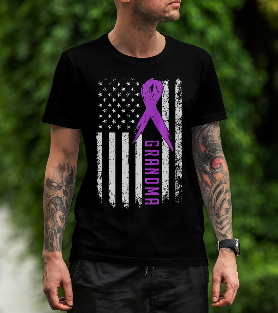 Grandma American Flag Purple Ribbon Pancreatic Cancer Awareness T-Shirt