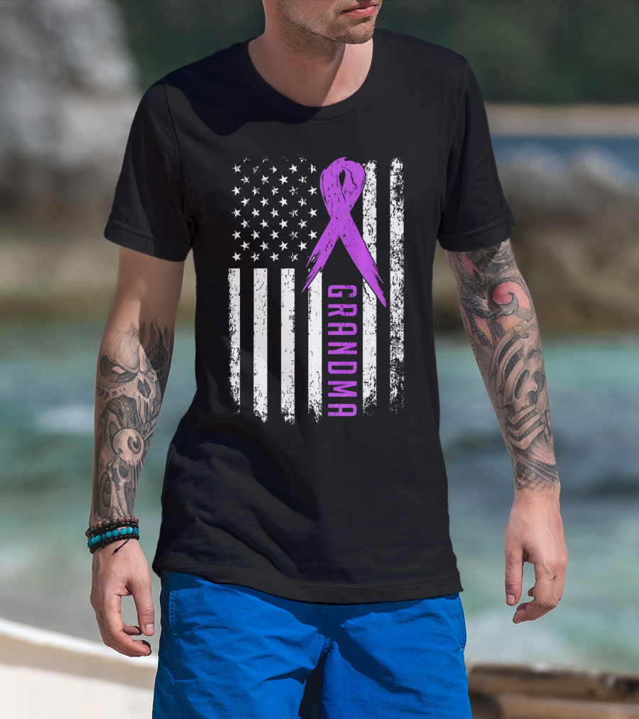 Grandma American Flag Purple Ribbon Pancreatic Cancer Awareness T-Shirt