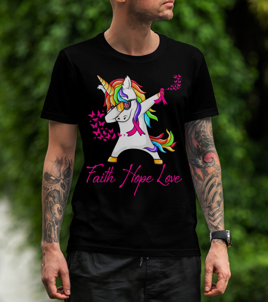 Faith Hope Love Pink Unicorn Breast Cancer Awareness T-Shirt