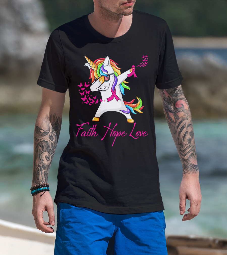 Faith Hope Love Pink Unicorn Breast Cancer Awareness T-Shirt